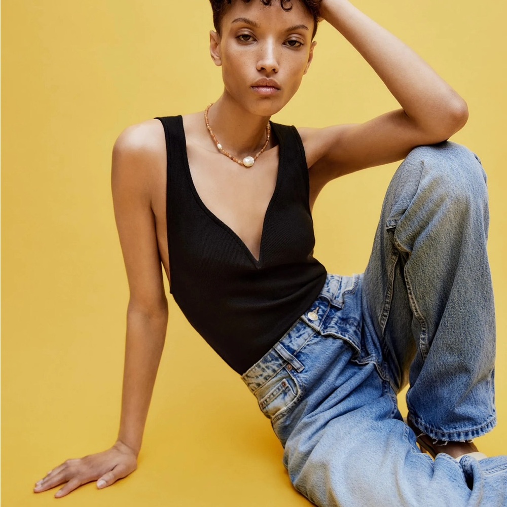 Black V-Neck Women's Bodysuit